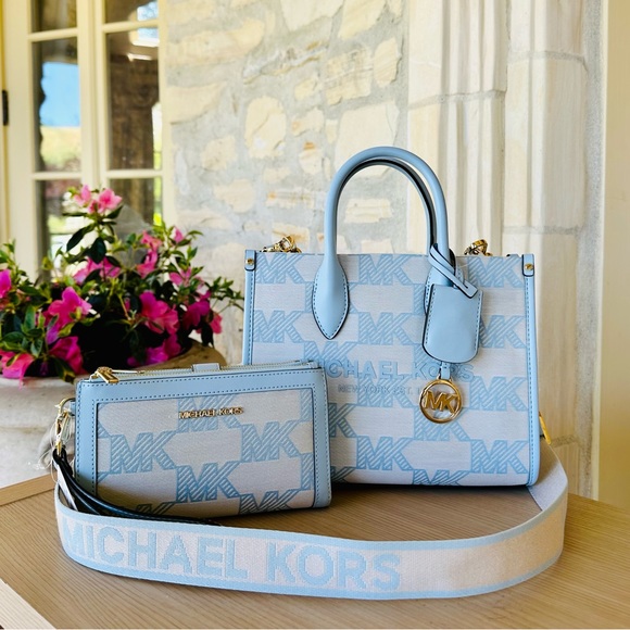 Michael Kors Mirella Graphic MK sky blue satchel Handbag&wallet NWT Authentic - Picture 2 of 14